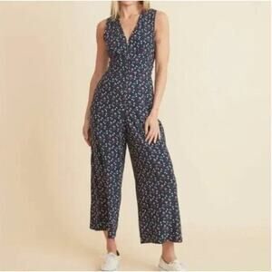 Marine Layer Holli Jumpsuit Size XS Sleeveless Wide Leg Crop Cherry Print Blue